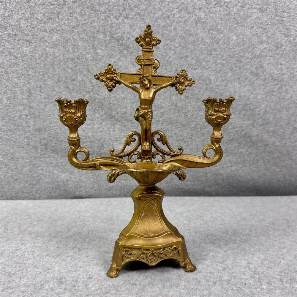 Vintage Crucifix Last Rites Altar Candelabra Double Taper Candle Holder